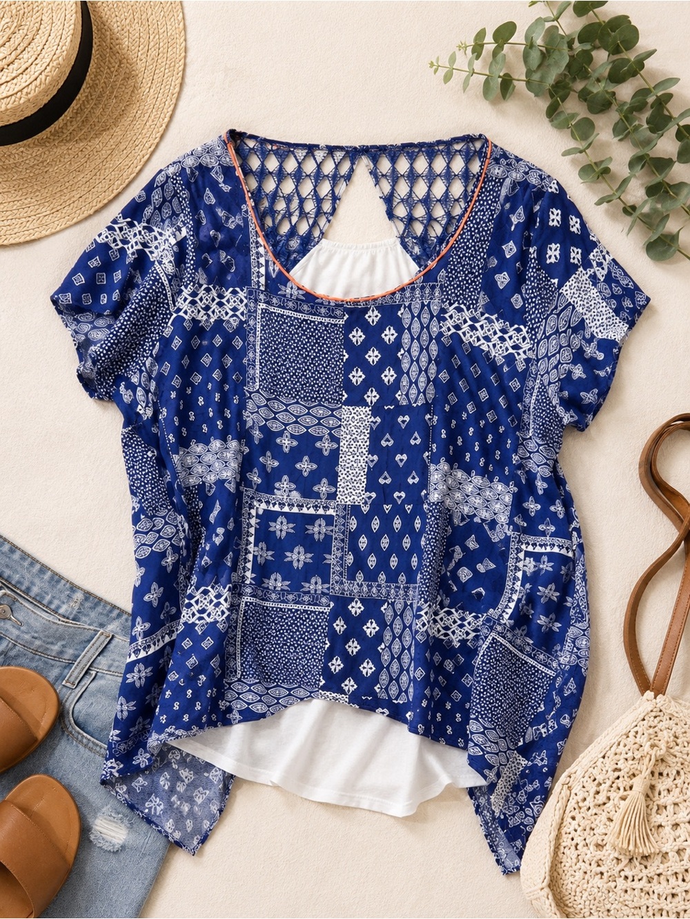 Tu Blue White Patchwork Open Back Boho Blouse L